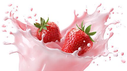 Milk splash with strawberries isolated on white