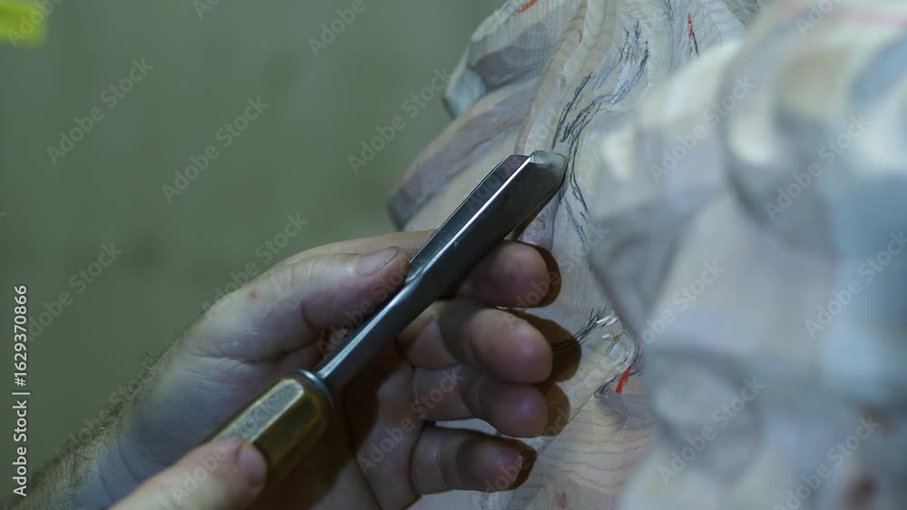 Poster artisan skillfully carves delicate lines into a wooden sculpture using a sharp chisel, focusing on i