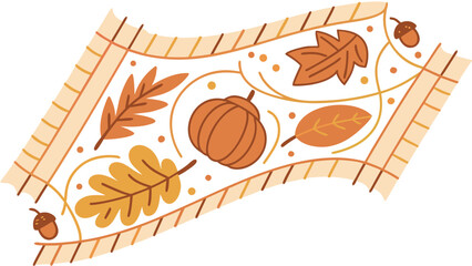 A charming flat lay illustration featuring autumn leaves pumpkins acorns and swirling vines on a textured background with a decorative border