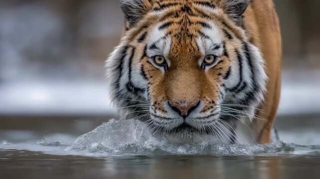 Low-angle close-up of siberian tiger (panthera tigris altaica) charging through icy taiga waters, face-forward gaze and dynamic water splashes capturing raw predator power in dramatic wildlife action.