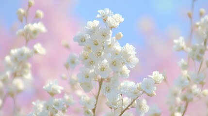 Delicate White Flowers Against Soft Pink and Blue Background