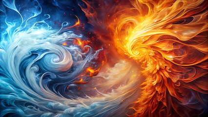 Abstract swirling vortex of vibrant blue icy energy colliding with fiery orange and red flames creating a dynamic contrast of elemental forces