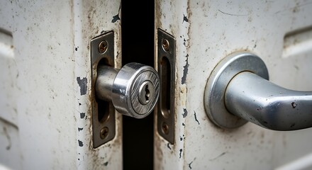 Close-up on an aged metal door lock mechanism, showing signs of wear and tear and open access