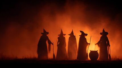 Silhouette of five witches with hats and broomsticks near a cauldron against a fiery backdrop. Concept of Halloween, magic, witchcraft, and fantasy.