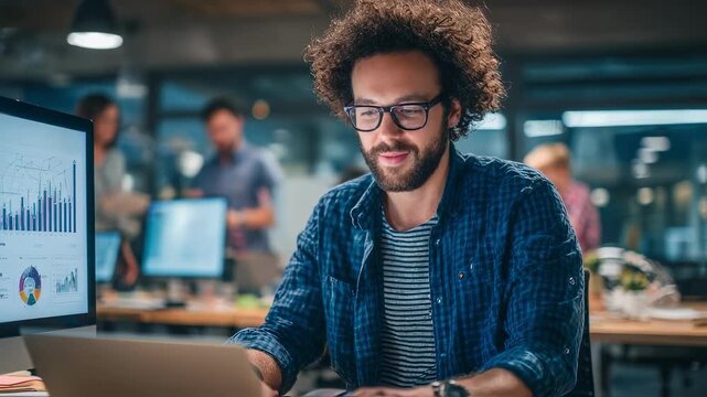 Closeup of a digital marketing professional using analytics software to optimize ad performance surrounded by agency team members working in the background.