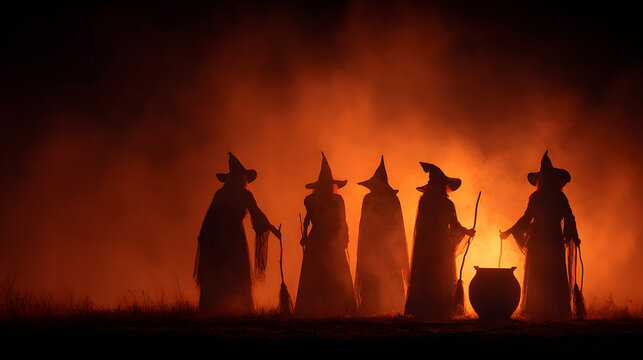 Silhouette of five witches with hats and broomsticks near a cauldron against a fiery backdrop. Concept of Halloween, magic, witchcraft, and fantasy.