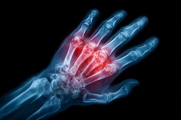 A detailed X ray view of a hand shows painful joints, with red highlights indicating severe inflammation and chronic discomfort.