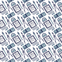 Obraz premium Engineering Blueprint Pattern: A Repetitive Design with Compasses, Rulers, Calculators, Tripods, and Detailed Sketches for Technical Accuracy