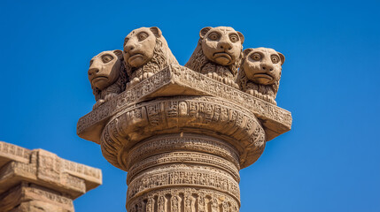 Ashoka Pillar with four lions on top, detailed sandstone sculpture under blue sky