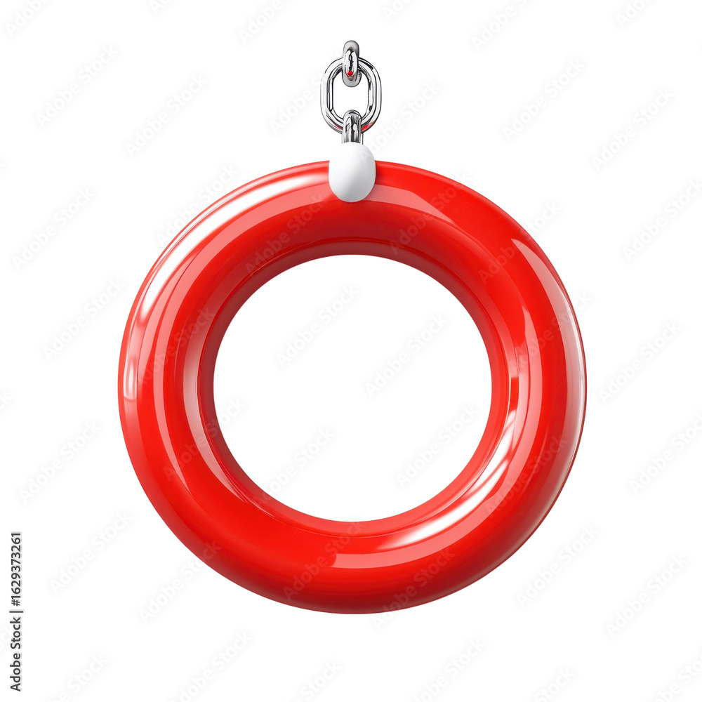 Poster shiny red torus hanging from a metallic chain, a 3d rendering for safety, security on transparent ba