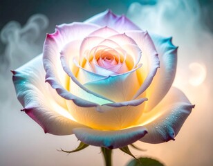 A rose captured in detail, its petals shifting hues with a soft inner glow