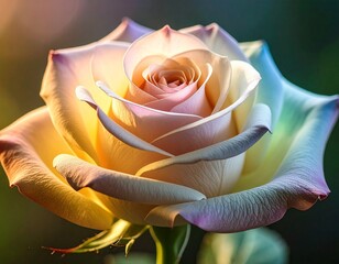 Close-up of a rose with glowing, color-shifting petals in a dreamlike light