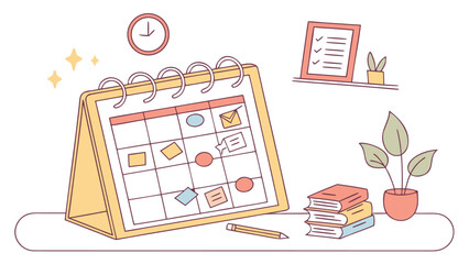 A desk setup featuring a desk calendar with colorful markers a clock a to do list books a plant and a pencil symbolizing organization and productivity