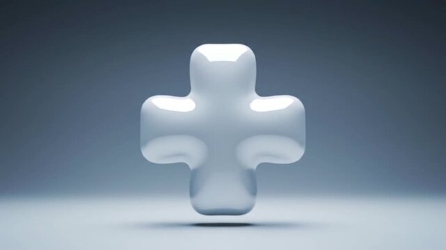 A glossy white 3D plus symbol with a rounded, inflated shape floats over a clean grey background, symbolizing addition and positivity.
