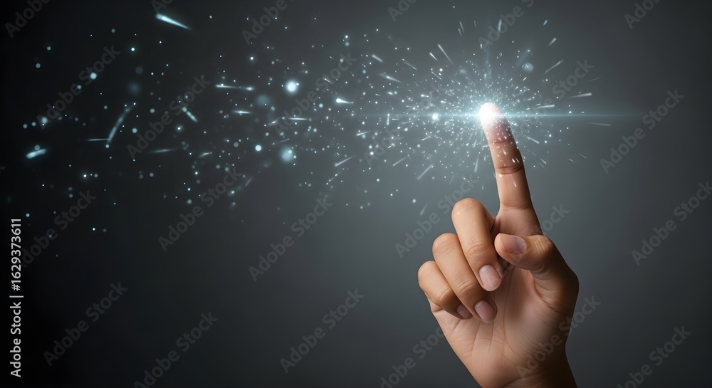 Poster woman hand in touching glowing light, creating burst of particles. digital interface connection and 