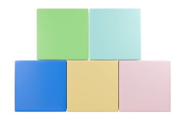 3d colorful pastel cubes stacked in pyramid. blue yellow pink green and light cyan minimal geometric blocks for creative learning or design concepts. abstract toy illustration. 3d render.