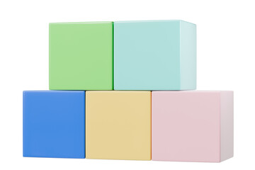 3d pastel cubes five color blocks arranged in two rows. blue yellow pink green and cyan minimal geometric design for creative learning, building, and abstract concepts. 3d render.