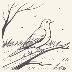 Single icon illustration of a bird perched on a branch, against a nature scene. Suitable for icons, design, or nature related content.

