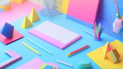 Vibrant geometric workspace with pastel accents and creative arrangement