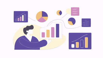 Fototapeta premium Illustration of a person analyzing various charts and graphs for business data insights and presentation