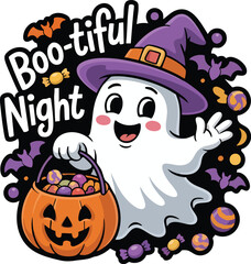 Cute Halloween Ghost T-Shirt Design – Cartoon Ghost with Candy Bucket Vector