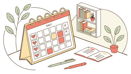 A charming illustration depicting a daily planner calendar with marked days a bookshelf an open book and writing utensils evoking a sense of organized productivity and self care
