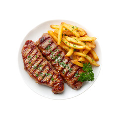 Delicious grilled sirloin steaks served with golden french fries and fresh parsley garnish isolated on transparent background