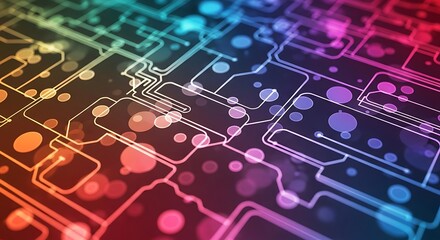 Abstract digital circuit board design with a colorful, glowing bokeh effect.