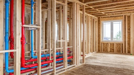 Interior view of a house under construction, showing plumbing system within the framing.