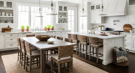 Spacious and bright kitchen interior with island, table and many chairs