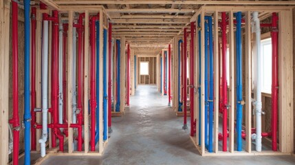 Interior plumbing system installation within a house's framing.