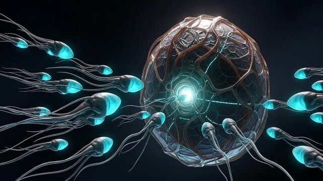 Digital animation displaying sperm approaching an egg, illuminated with a bright, neon blue light,