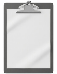 Gray clipboard with blank white paper and silver clamp isolated on transparent background