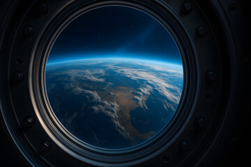 space earth view window spacecraft orbit planet horizon, cinematic perspective of blue world seen from circular spaceship porthole, atmospheric glow and curvature of globe, astronomy exploration conce