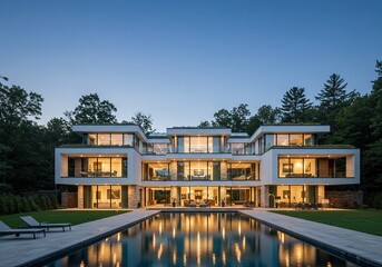 Obraz premium Modern luxury mansion with a swimming pool at dusk