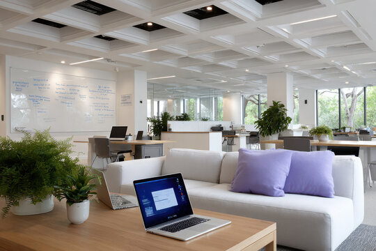 Modern coworking space with comfortable seating and natural light