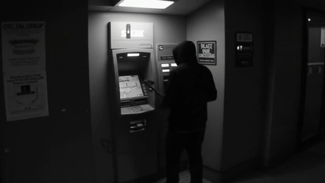 Dramatic black and white depiction of a cloaked figure attempting ATM breach with a crowbar under