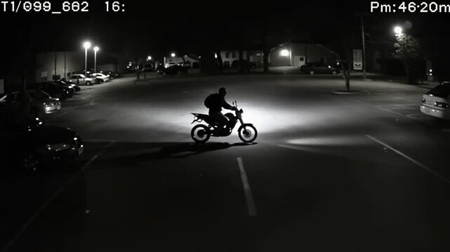 Captured Night Rider: Motorcycle Spotted Under Security Camera in Parking Area at Night surveillance