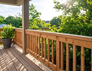 Wooden deck railing with lush greenery
