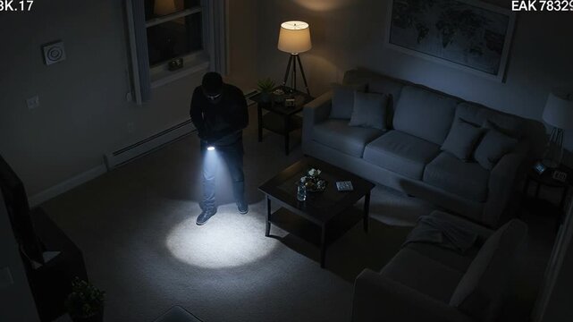 Security footage captures intruder inside dimly lit living room with flashlight, creating