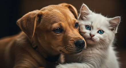 cat and puppy, cat and dog, A cat and a dog are hugging each other with hearts on their chests. Concept of love and affection between the two animals