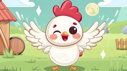 Naklejka premium chibi chicken character with red comb waving