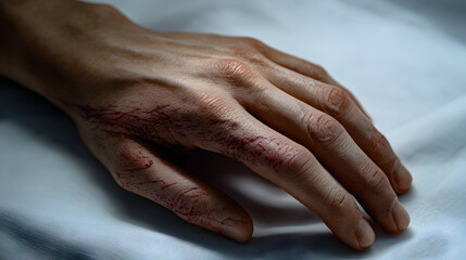 Fototapeta premium Close up of a hand with cuts and blood injury wound