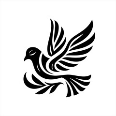 Obraz premium Stylized black silhouette of a dove with wings spread and a leaf branch