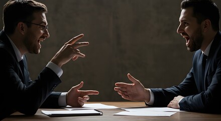 Two angry businessmen having a fierce argument during a tense corporate negotiation in a dark office.