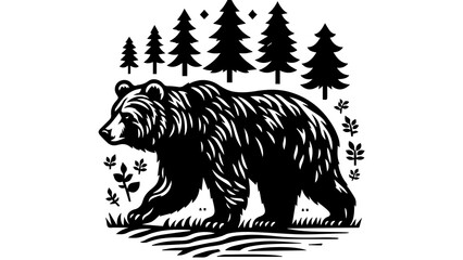 Black bear walking through a forest with pine trees