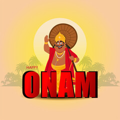 Happy Onam Greeting Illustration with King Mahabali and Festive Typography