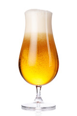 A glass of beer with a golden hue and frothy head, isolated on a clean white background