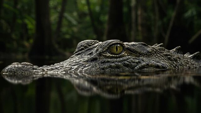 Hidden predator lurking in dark waters, waiting for the opportune moment to strike its prey