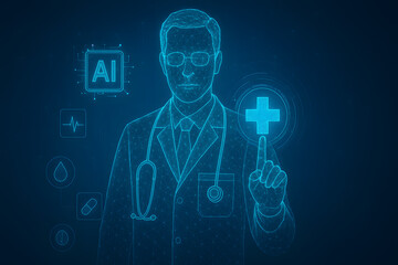 artificial intelligence doctor healthcare technology medical innovation concept, futuristic digital physician with holographic interface showing ai diagnostics cross symbol, smart medicine system, vir
